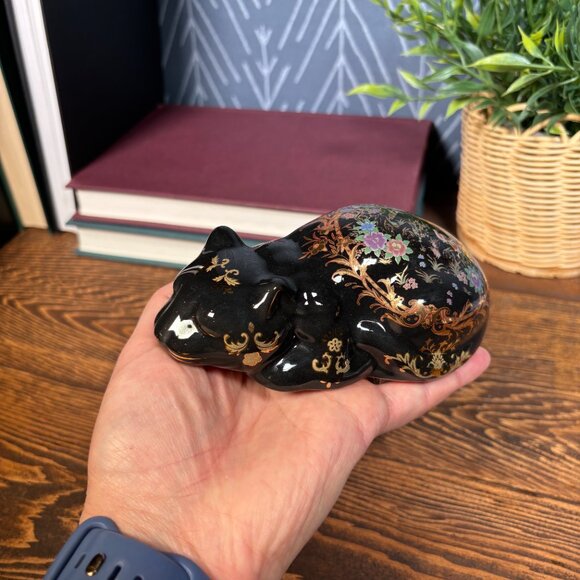 Vintage Satsuma Cat Figurine Black and Gold Ceramic Cat for Decor - Picture 11 of 16